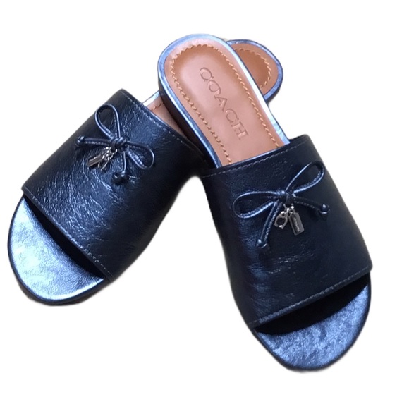 Coach Leather Metallic Blue Tassel Logo Sandals - Picture 1 of 10